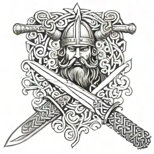 Viking sword chef knife intertwined tattoo design idea