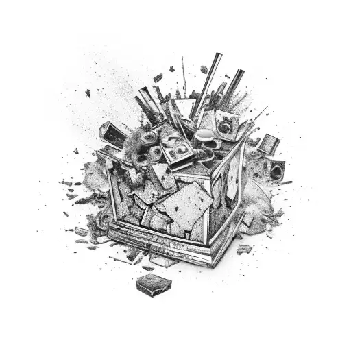 A chaotic and destroyed podium with wild elements, in which the first place stands out. There lies a broken perfume bott tattoo design idea