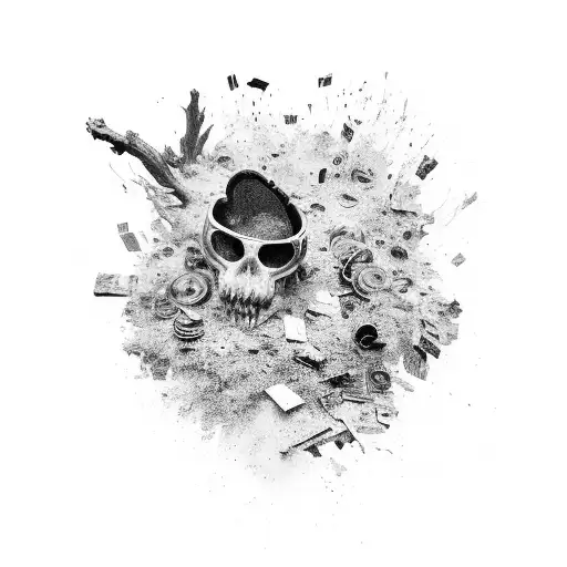 A chaotic and destroyed podium with wild elements, in which the first place stands out. There lies a broken perfume bott tattoo design idea