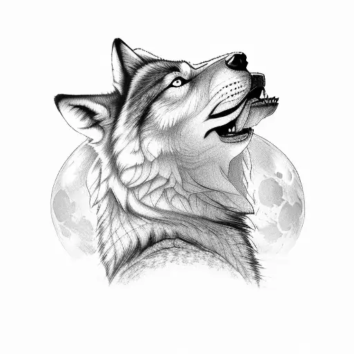 Mysterious wolf howling at the moon surrounded by fantasy book pages and Kolovrat symbol tattoo design idea