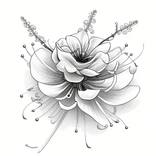 Branch with many flowers with spider lily roses on the side and a butterfly on top tattoo design idea