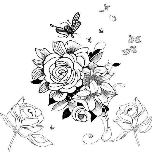 Branch with many flowers with spider lily roses on the side and a butterfly on top tattoo design idea