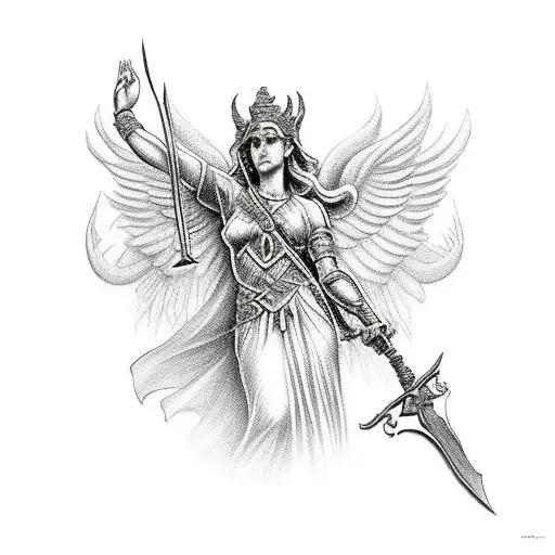 the goddess of justice with a sword raised up and in her hands holds the head of a demon tattoo design idea