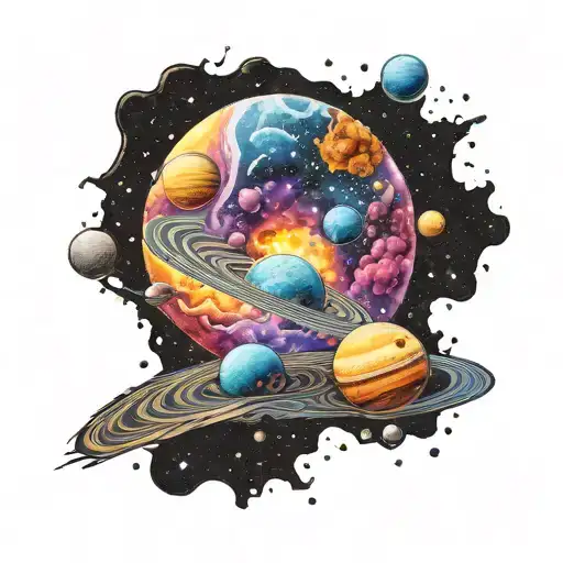 Universe With Planets, Galaxy And Black Hole In The Distance. Colorful Tattoos" tattoo design idea