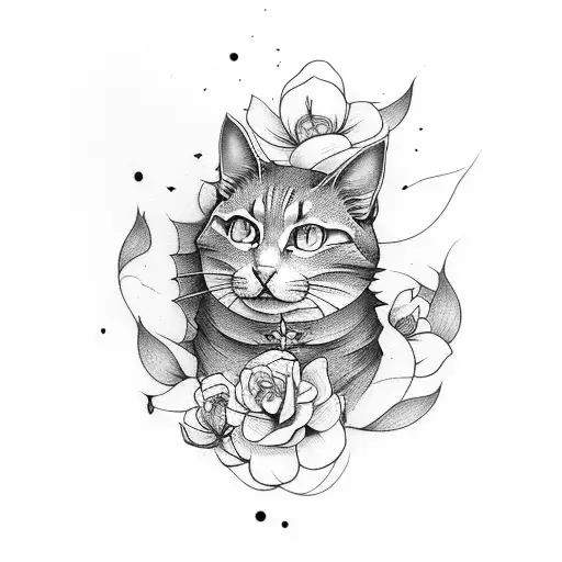 gato negro flores tattoo design idea