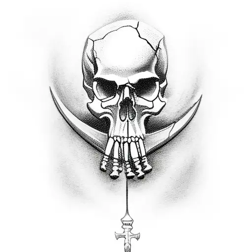 skull with grim reaper underneath, black and grey, tree silhouettes and crosses tattoo design idea