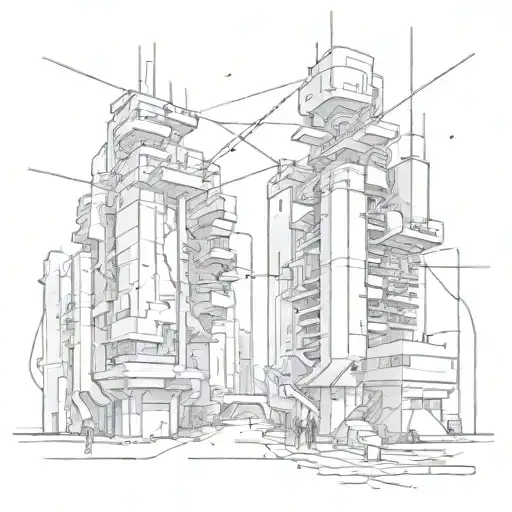 A futuristic cityscape with neural network connections intertwined throughout tattoo design idea