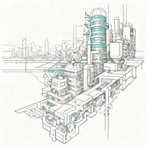 A futuristic cityscape with neural network connections intertwined throughout biomechanics  tattoo design idea