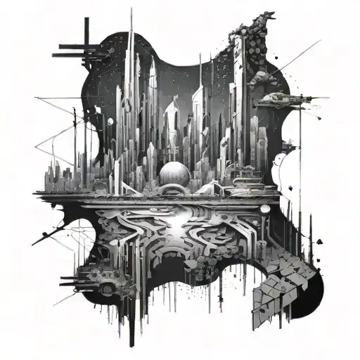 A futuristic cityscape with neural network connections intertwined throughout biomechanics  tattoo design idea