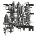 A futuristic cityscape with neural network connections intertwined throughout biomechanics  tattoo design idea