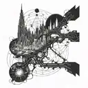 A futuristic cityscape with neural network connections intertwined throughout biomechanics  tattoo design idea