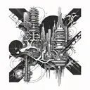 A futuristic cityscape with neural network connections intertwined throughout biomechanics  tattoo design idea