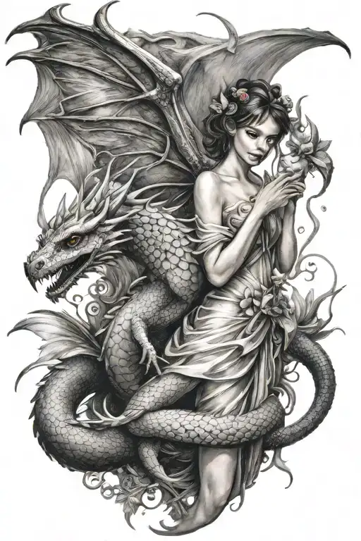 fairy holding dragon tattoo design idea
