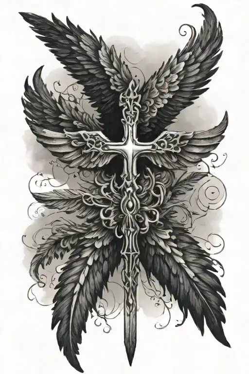 upside down cross with 6 black feathered wings spreading away from it tattoo design idea