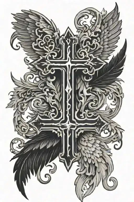 upside down cross with 6 black feathered wings spreading   tattoo design idea