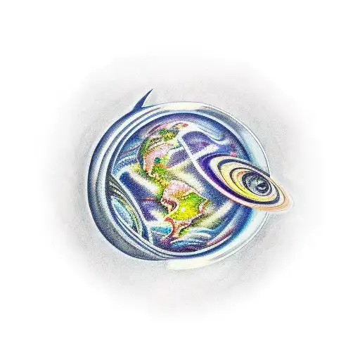 corazón amarillo con el planeta Saturno  tattoo design idea