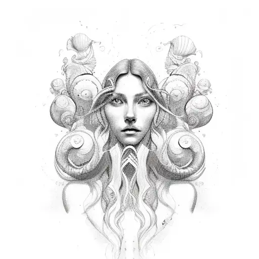 A sketch-style portrait of Mar Iemanjá with waves and seashells tattoo design idea