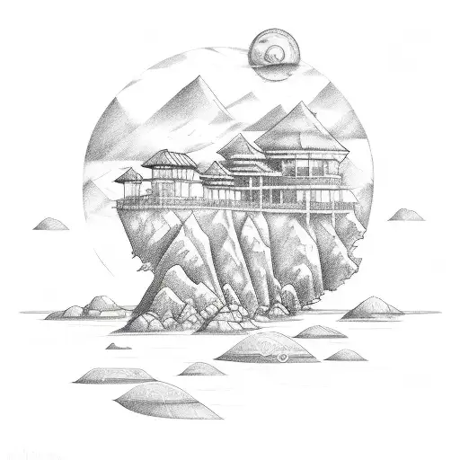 A sketch-style tattoo of a beach landscape with Mar Iemanjá's symbol incorporated tattoo design idea