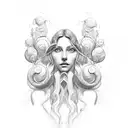 A sketch-style portrait of Mar Iemanjá with waves and seashells tattoo design idea