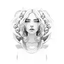 A sketch-style portrait of Mar Iemanjá with waves and seashells tattoo design idea