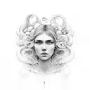 A sketch-style portrait of Mar Iemanjá with waves and seashells tattoo design idea