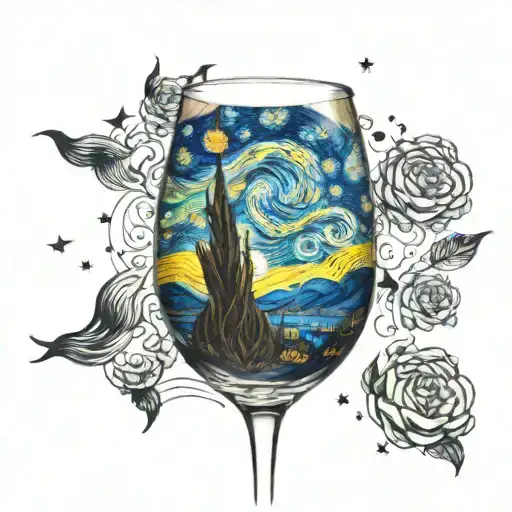 the starry night painting in wine glass tattoo design idea