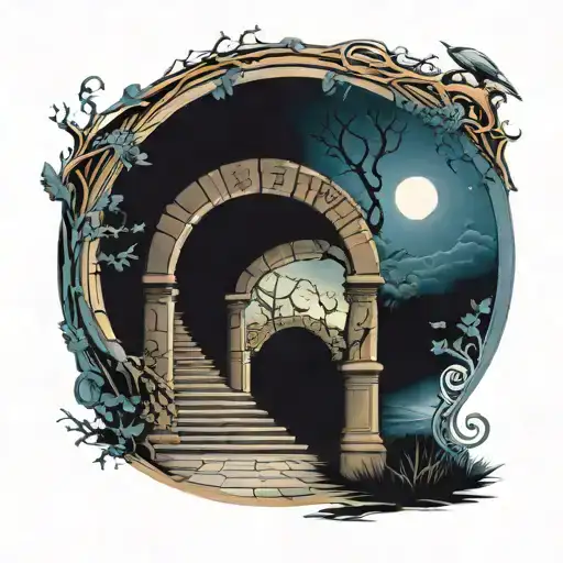 archway path, surreal, crossroads, path begging in darkness, paradise through, stairway  tattoo design idea