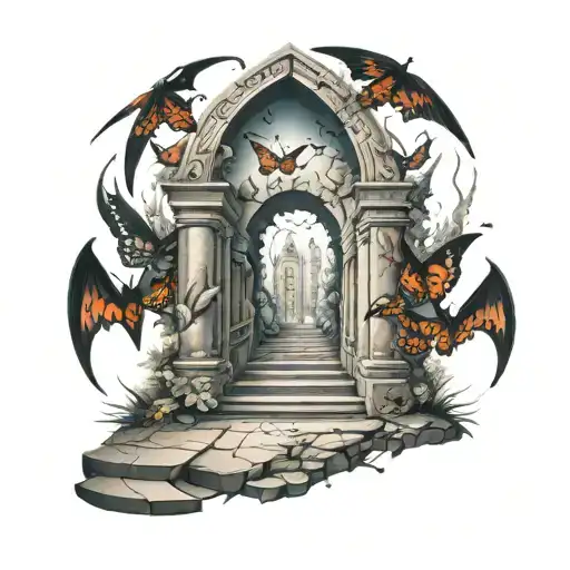 archway, path,  Gothic moths, surreal, hell, paradise, stairway, crossroads,  tattoo design idea