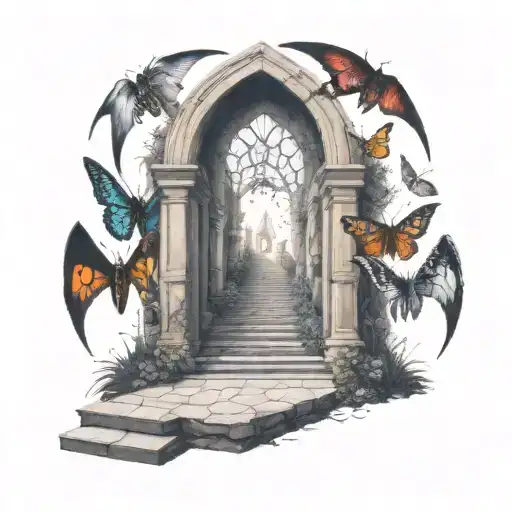 archway, path,  Gothic moths, surreal, hell, paradise, stairway, crossroads,  tattoo design idea