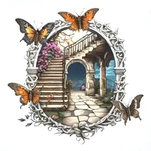 archway, path, moths, surreal, hell, paradise, stairway, crossroads tattoo design idea