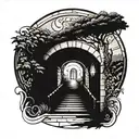 archway path, surreal, crossroads, path begging in darkness, paradise through, stairway  tattoo design idea