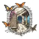 archway, path, moths, surreal, hell, paradise, stairway, crossroads tattoo design idea