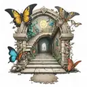 archway, path, moths, surreal, hell, paradise, stairway, crossroads tattoo design idea