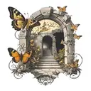 archway, path, moths, surreal, hell, paradise, stairway, crossroads tattoo design idea