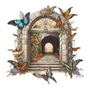 archway, path, moths, surreal, hell, paradise, stairway, crossroads tattoo design idea