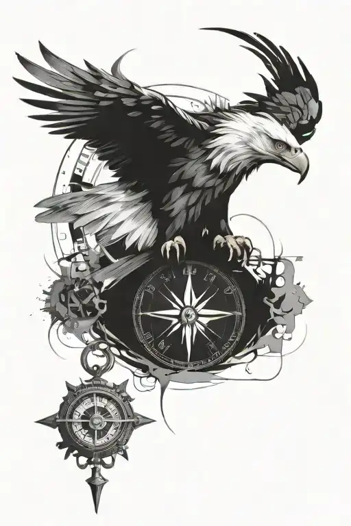 single eye, eagle, compass and broken numeral clock tattoo design idea