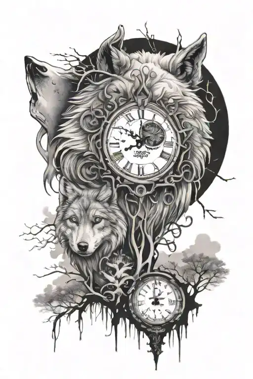 blue eye with Roman numeral clock surrounding it, above a wolf with faded in tree line tattoo design idea