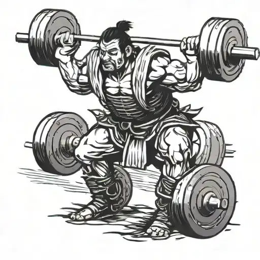 A samurai warrior doing a deadlift at the gym tattoo design idea