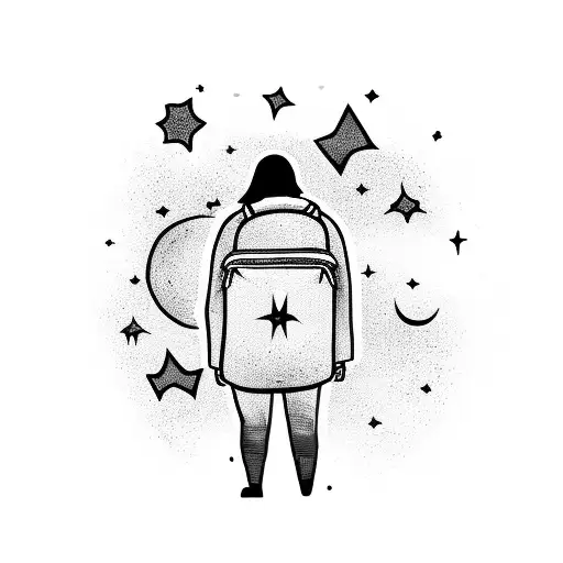A silhouette of a traveler with a backpack looking up at a sky full of shooting stars tattoo design idea