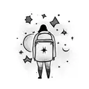 A silhouette of a traveler with a backpack looking up at a sky full of shooting stars tattoo design idea