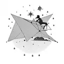 A silhouette of a traveler with a backpack looking up at a sky full of shooting stars tattoo design idea