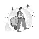 A silhouette of a traveler with a backpack looking up at a sky full of shooting stars tattoo design idea