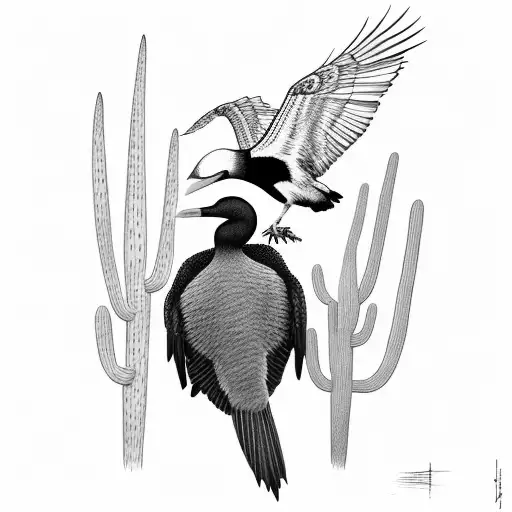 black cormorant flying on a cactus tattoo design idea