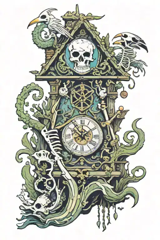 skeleton cucoo clock sitting on the bottom of the ocean covered in moss with a spear fisherman swimming around  tattoo design idea