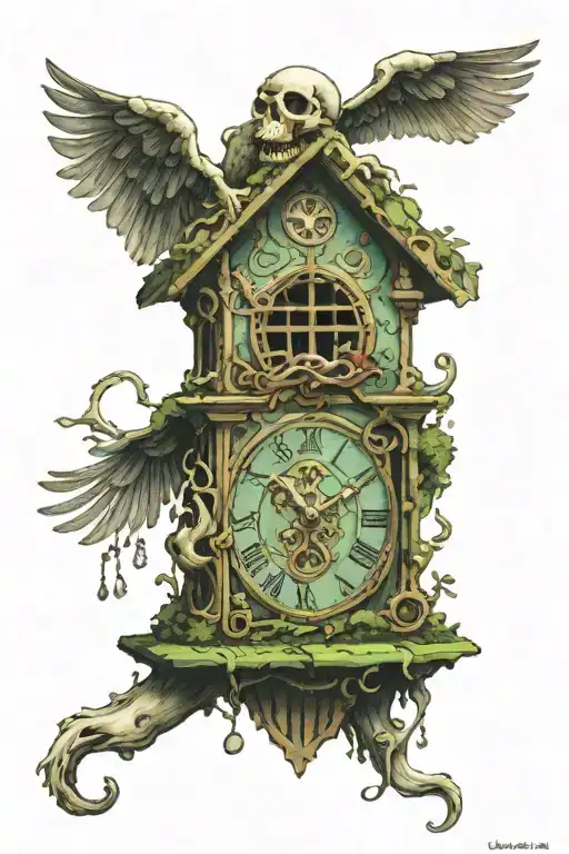 skeleton cucoo clock sitting on the bottom of the ocean covered in moss  tattoo design idea
