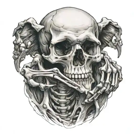 Human skeleton cradling a dog skeleton. forhead to forhead tattoo design idea