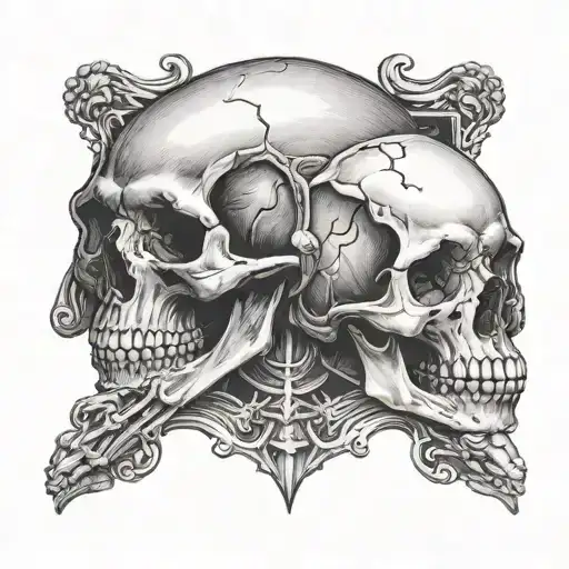 Human skeleton holding a dog skull forhead to forhead tattoo design idea