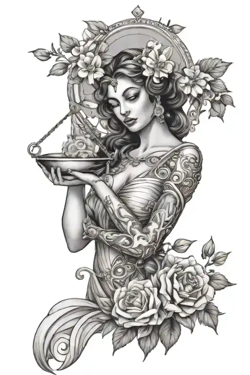 libra goddess holding a bouquet tattoo design idea