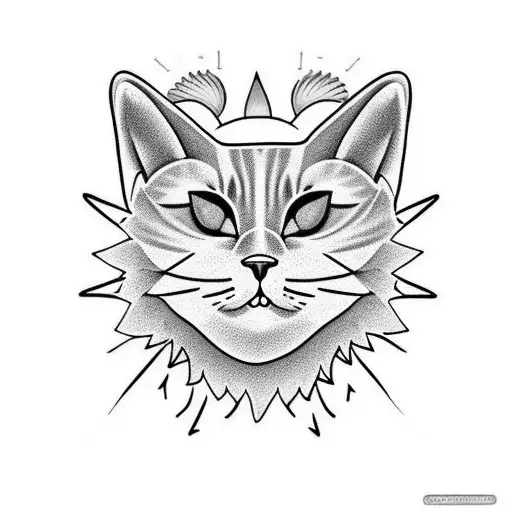 A minimalist tattoo of a smiling cat surrounded by sun rays, representing your favorite things - nature, your furry friend, and bringing smiles to people's faces. tattoo design idea
