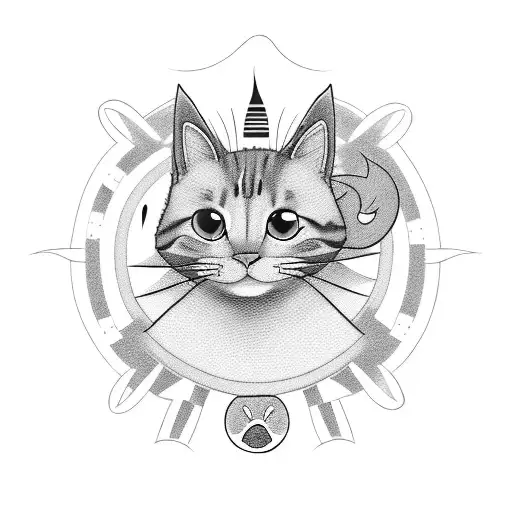 A minimalist tattoo of a smiling cat surrounded by sun rays, representing your favorite things - nature, your furry friend, and bringing smiles to people's faces. tattoo design idea